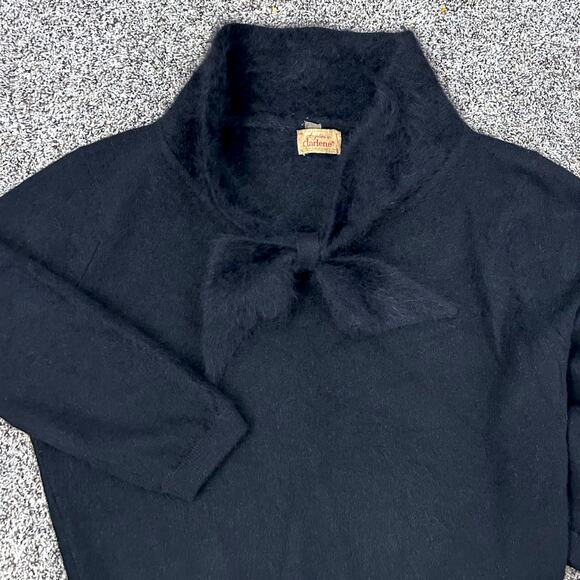Vintage 50s French Angora Hepburn Bow Collar Black Sweater M L Feminine USA - Picture 6 of 10